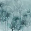 Tapetenpaneel Z61021-3 mit einem Muster aus geschichteten Bucaneve-Blättern, gezeichnet im Aquarell-Effekt in Petrolblau/Meergrün-Tönen auf einem hellblau/meergrün Hintergrund.