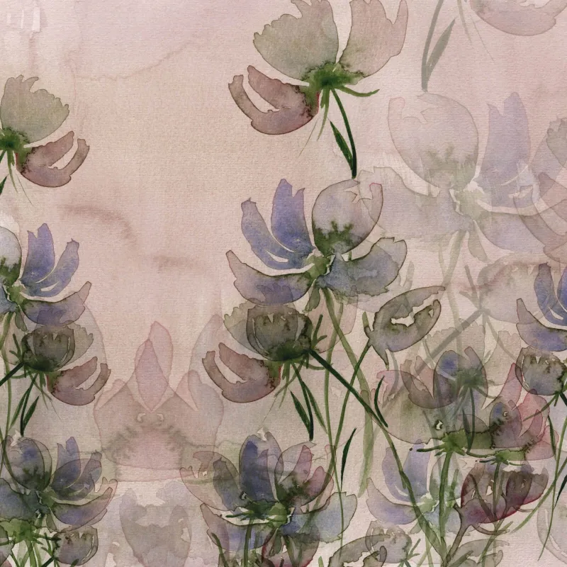 Wallpaper panel Z61022-1 with a Freesia flower pattern, concentrated at the bottom, drawn with a watercolor effect in blue, gray, and green tones on a pale lilac background.