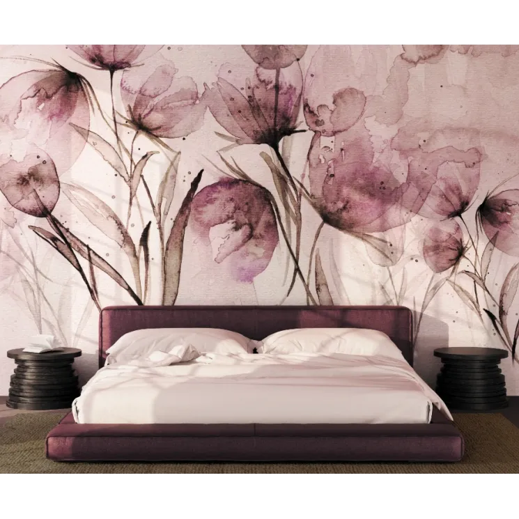 Tapetenpaneel Z61026-2 mit Lachs und Khaki Aquarell Tulpenmuster auf einem Creme/Beige Hintergrund.