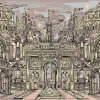 Tapetenpaneel Z61027-1 Citta Giardino, architektonische Illustration in Pastell-Erd- und Khaki-Tönen.