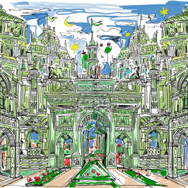 Tapetenpaneel Z61027-2 Citta Giardino, architektonische Illustration in lebhaften Grün-, Blau- und Rottönen.