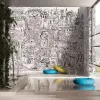 Schwarz umrandetes, detailliertes Fantasie-Architektur- und Figuren Tapetenpaneel Z61028-1 New Together.