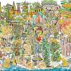 Vivid yellow, orange, blue, and green toned, detailed fantasy city wallpaper panel Z61028-3 New Together.