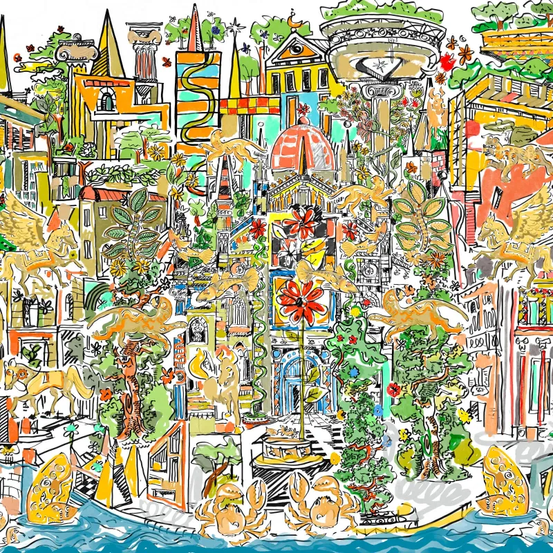 Vivid yellow, orange, blue, and green toned, detailed fantasy city wallpaper panel Z61028-3 New Together.