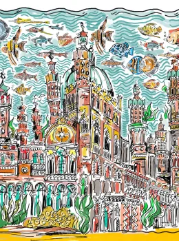 Project Z61031-2 Surrealist Vivid Color Atlantis Underwater City Drawing Wallpaper Panel 15m²