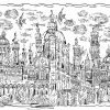 Panneau de papier peint Z61031-3, dessin détaillé de la ville sous-marine Atlantide avec poissons, noir et blanc.