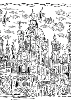 Project Z61031-3 Surrealistisches Tapetenpaneel Schwarz-Weiß Atlantis Unterwasserstadt-Zeichnung 15m²