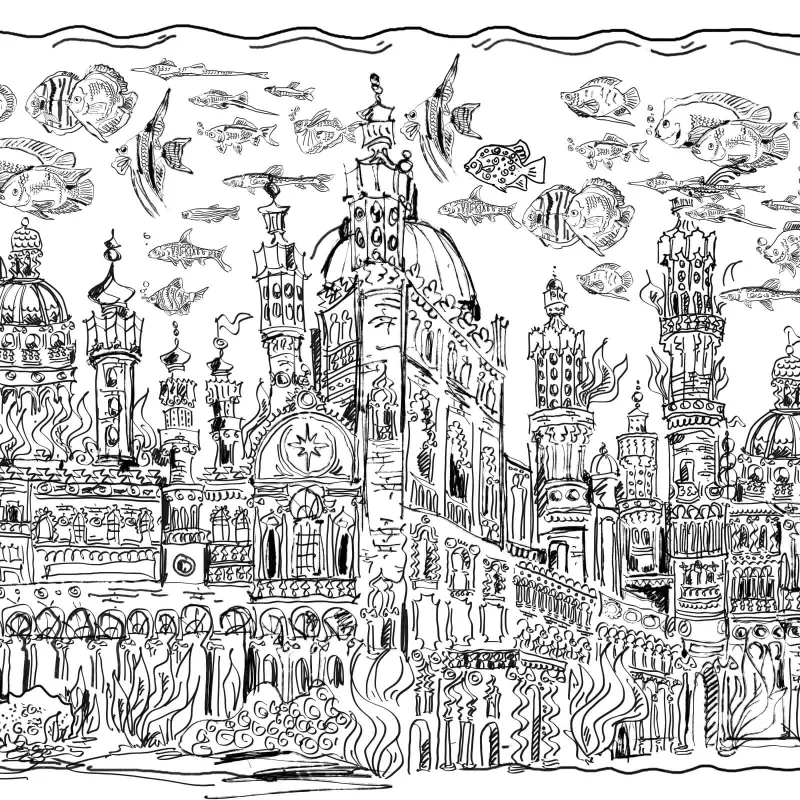 Panneau de papier peint Z61031-3, dessin détaillé de la ville sous-marine Atlantide avec poissons, noir et blanc.