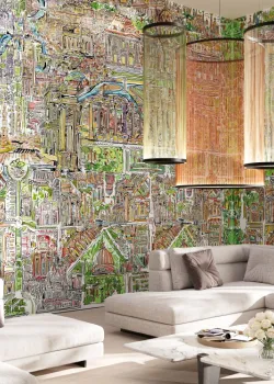 Project Z61032-1 Surrealistisches Tapetenpaneel Bunte Waldstadt-Zeichnung 15m²