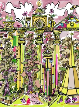 Project Z61033-1 Postmodern Vivid Pink Green Architectural Drawing Wallpaper Panel 15m²
