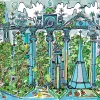 Panneau de papier peint Z61033-3, dessin d'architecture surréaliste Postmoderne avec colonnes et arbres en tons bleu vif, turquoise et vert.