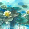 Luxuriöses Tapeten Paneel Z61044-3, das Seerosenblüten in Blau-, Aqua- und Gelb-/Weißtönen in Aquarelltechnik darstellt.