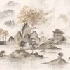 Panneau de papier peint de luxe Z61045-1, illustrant un paysage asiatique (montagnes, pagode) en tons beige, sépia et marron, réalisé à l'aquarelle.