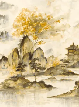 Project Z61045-3 Japan Gold Yellow Far East Landscape Wallpaper Panel 15m²