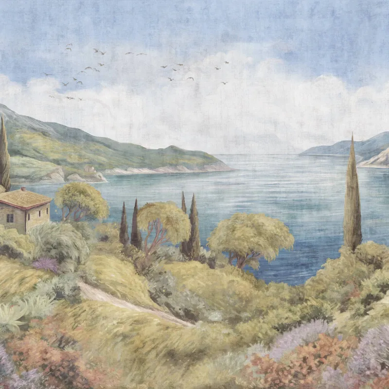 Farbiges Tapeten Paneel Z61046-2, das eine italienische Küstenlandschaft im Ölfarben-Stil mit Zypressen, Haus und blauem Meer darstellt.
