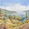 Panneau de papier peint Z61046-3, représentant un paysage méditerranéen italien aux tons or jaune, bleu et terre cuite, effet peinture à l'huile.
