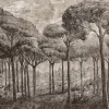 Intense black and white wallpaper panel Z61047-3, featuring a pine forest landscape in a detailed dark ink sketch technique.