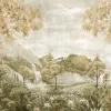 Staubiges Gold und gedämpfte Grüntöne Tapeten Paneel Z61048-1, das eine verträumte Paradieslandschaft mit Wasserfall, tropischen Pflanzen und Seerosen zeigt.