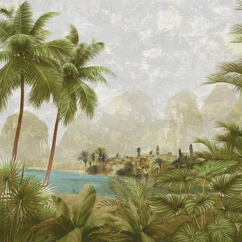 Panneau de papier peint Z61049-2, illustrant un paysage tropical avec des palmiers et une ville ancienne, dans des tons vert vif, sable et marron mat.