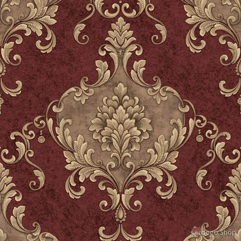 Casa Chic Z20140 papier peint tons bordeaux et or, grand motif damassé, classique et luxueux.