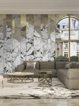 Elie Saab Z34946, Beyaz Gri Mermer Altın Geometrik Panel Duvar Kağıdı