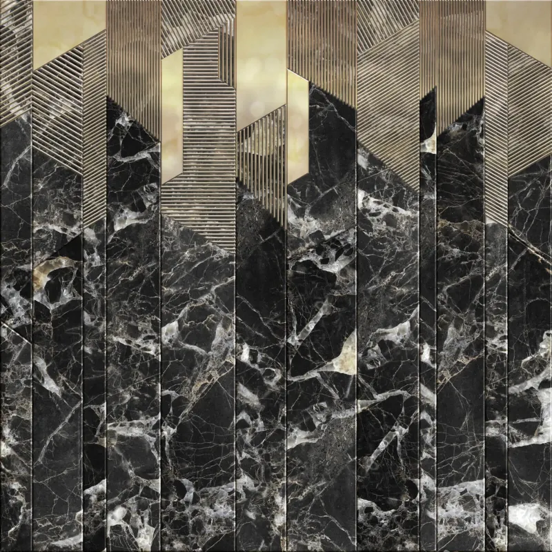 Panneau mural luxueux Elie Saab Z34947 motif marbre noir et géométrique doré, salon moderne.