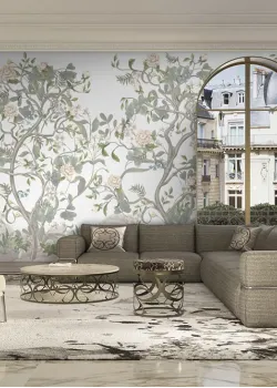 Elie Saab Z34976, 6-teiliges Tapetenpaneel mit Blütenbäumen und Vögeln