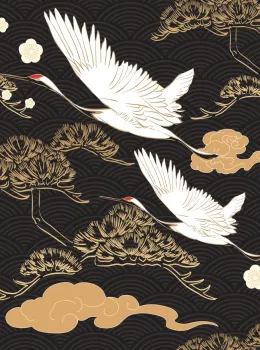 Elie Saab Z34988, Panneau de Papier Peint Grues et Nuages Dorés d’Inspiration Japonaise