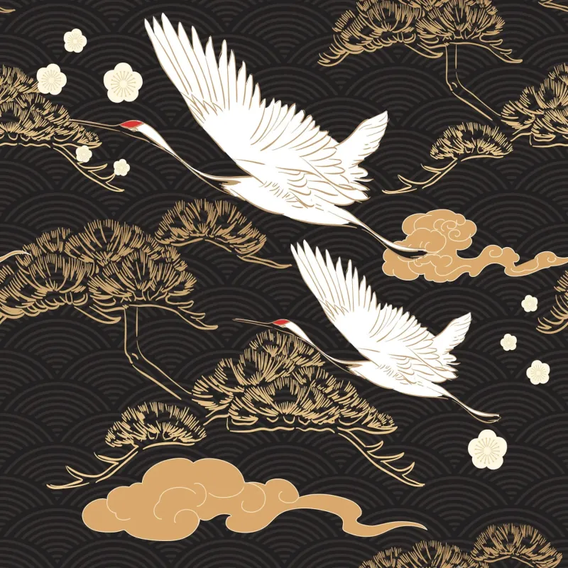 Wallpaper panel with white cranes, gold clouds, and dark wave texture – Z34988