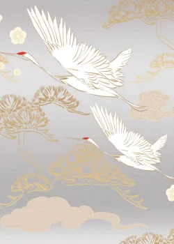 Elie Saab Z34989, Tapetenpaneel mit Fliegenden Störchen und Goldwolken auf Himmelblau