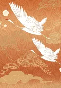 Elie Saab Z34990, Crane and Golden Wave Wallpaper Panel on Warm Orange Ground