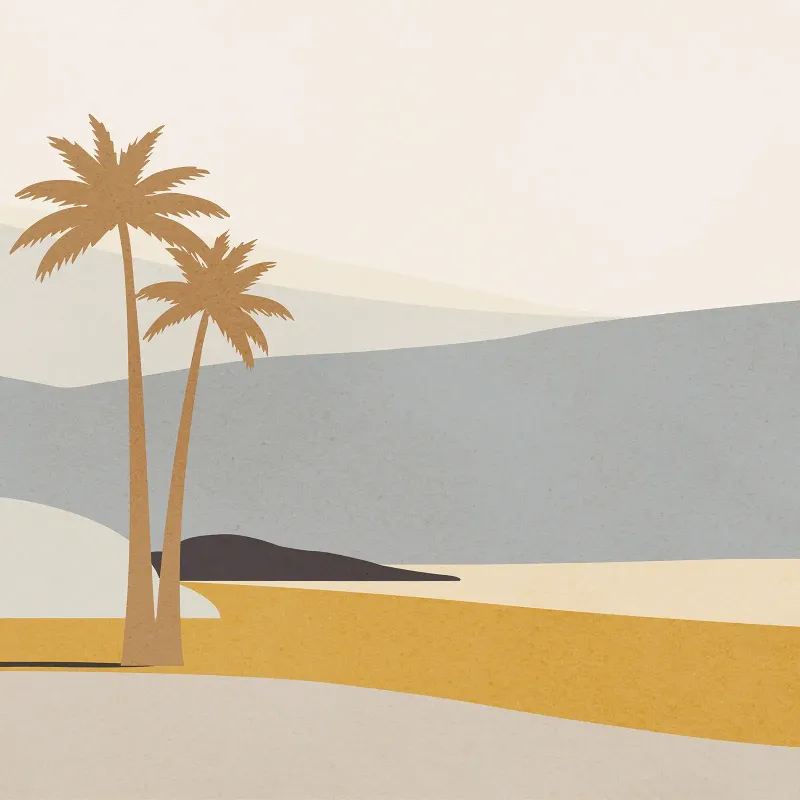 Marrakech Z70758, Texture tissu, moutarde et gris bleu contrastés, poster mural minimaliste désert mer palmier