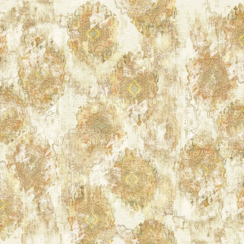 Marrakech Z70767, Stoff-Struktur, Rost, Beige und Gelb Töne, verwischtes rustikales orientalisches Medaillon Muster Wandpaneel