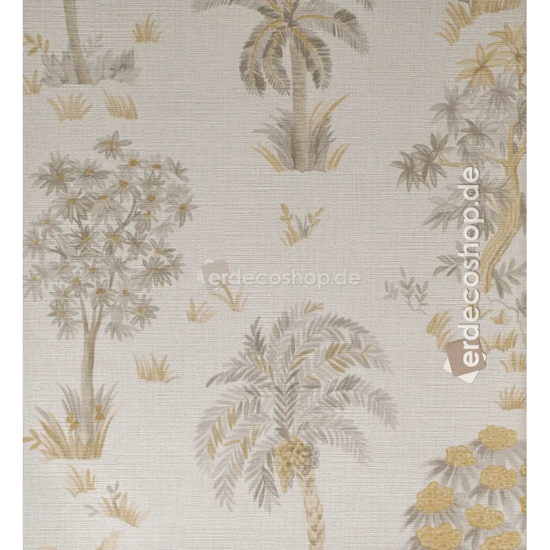 Marrakech Z70710, luxury Italian wallpaper with watercolor palm and tropical tree pattern in neutral grey and beige tones.