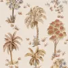Marrakech Z70715, papier peint effet tissu lin crème avec motif de palmiers et végétation tropicale dans un style aquarelle vintage.