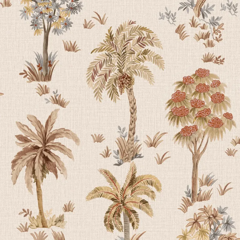 Marrakech Z70715, papier peint effet tissu lin crème avec motif de palmiers et végétation tropicale dans un style aquarelle vintage.