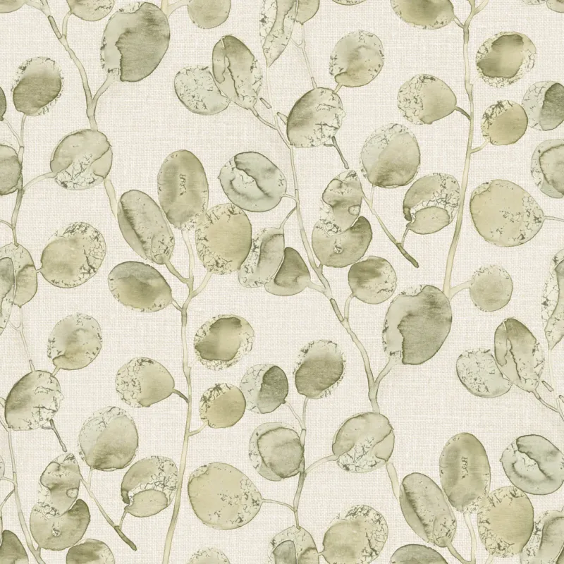 Papier peint avec un motif de feuilles vertes et de branches sur un fond texturé effet lin