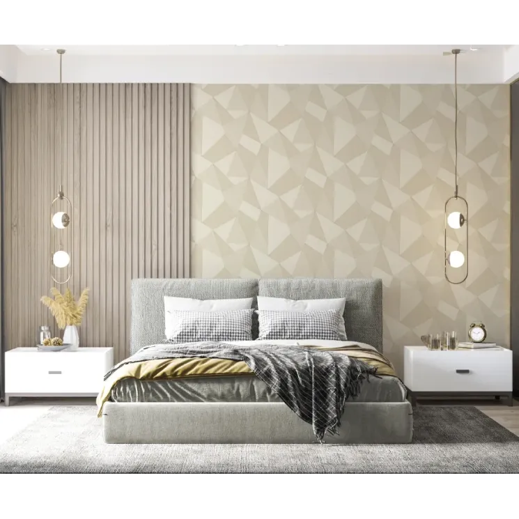 Papier peint de la collection Savana, avec un motif géométrique de triangles et de polygones texturés dans des tons de gris clair et de blanc