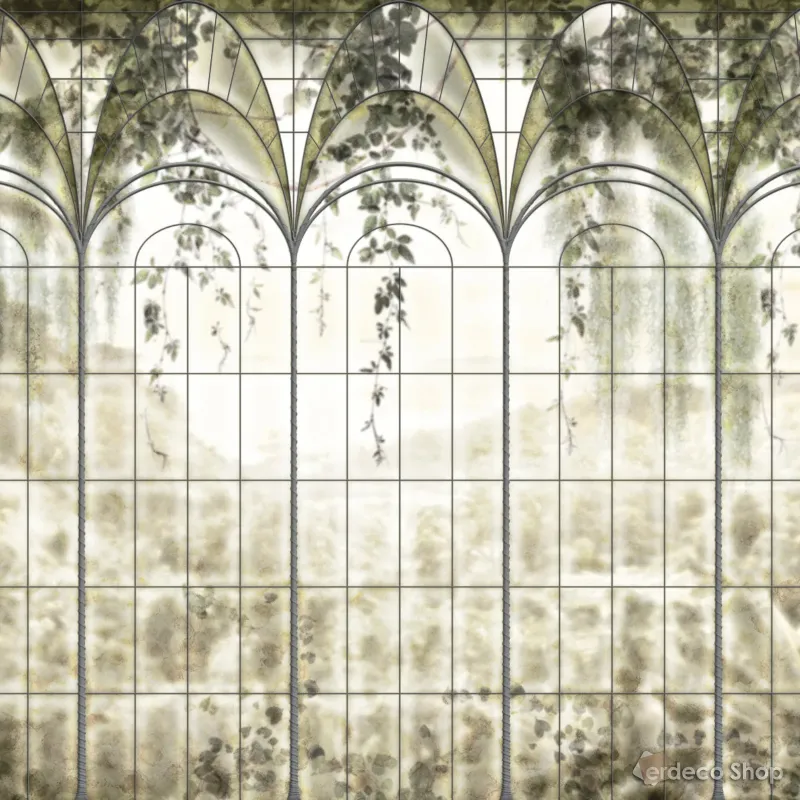 Image du panneau mural Z77571 avec des fenêtres de vitrail arquées et des motifs de plantes suspendues
