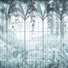 Image du panneau mural Z77572 avec des fenêtres de vitrail arquées et des motifs de plantes suspendues