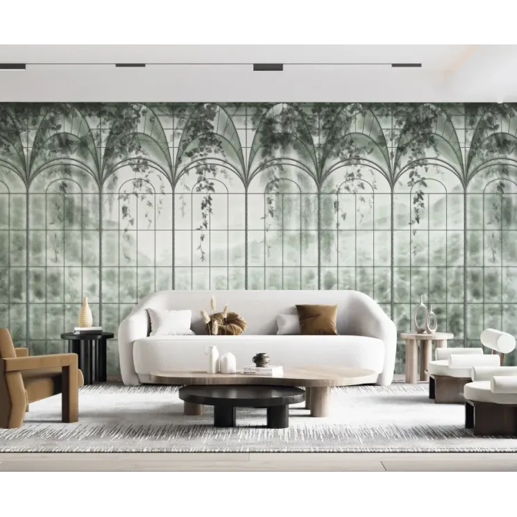Image du panneau mural Z77572 avec des fenêtres de vitrail arquées et des motifs de plantes suspendues