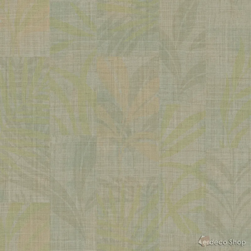 Modern non-woven wallpaper with linen texture and tropical leaf pattern in square blocks in beige/green tones