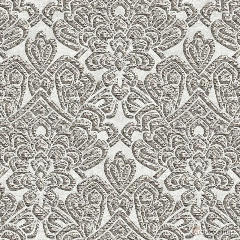 Kabartmalı damask desenli, açık bej/krem tonlarında lüks elyaf duvar kağıdı