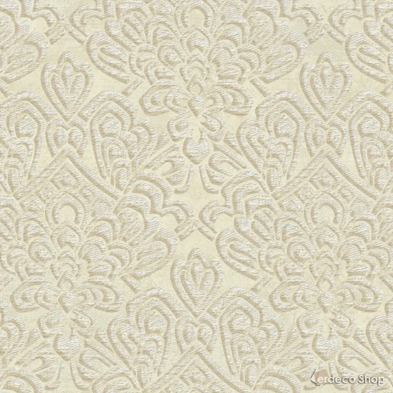 Luxurious non-woven wallpaper with embossed damask pattern in light cream/beige tones