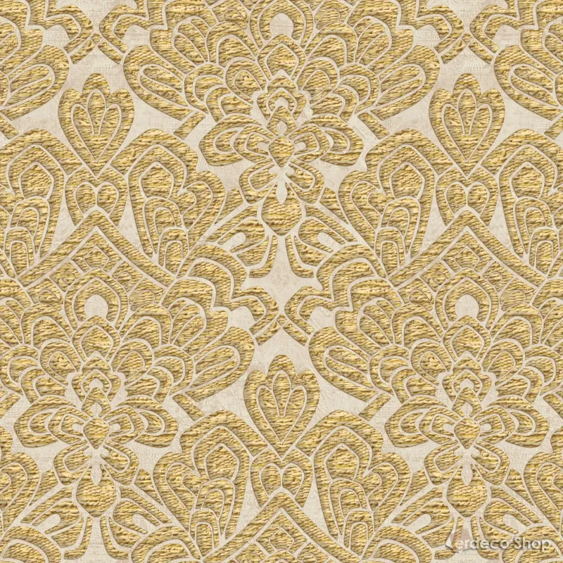 Luxurious non-woven wallpaper with embossed gold damask pattern in cream/beige tones