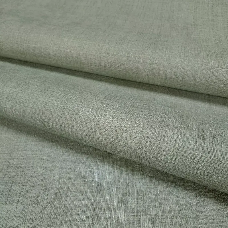 Papier peint en fibre intissée moderne uni à texture lin dans des tons vert menthe clair et gris clair