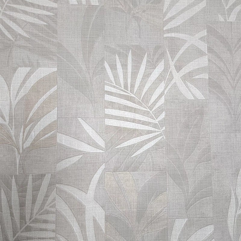 Modern non-woven wallpaper with linen texture and tropical leaf pattern in square blocks in light beige/cream tones