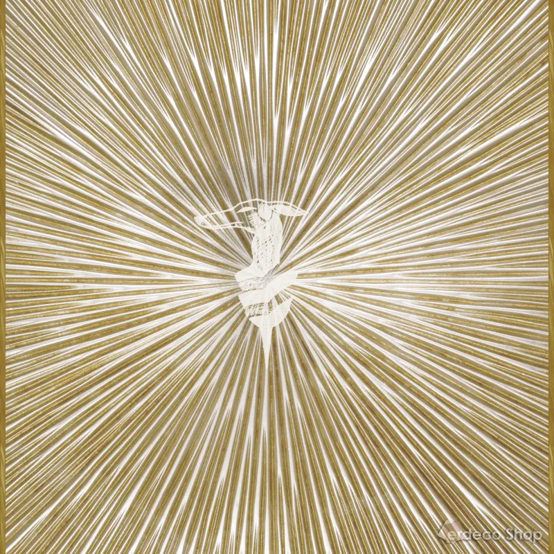 Golden and white colored Trussardi Z30355 wall panel and photo wallpaper with radiant rays emanating from a central Levriero (Italian Greyhound) motif, 6m²