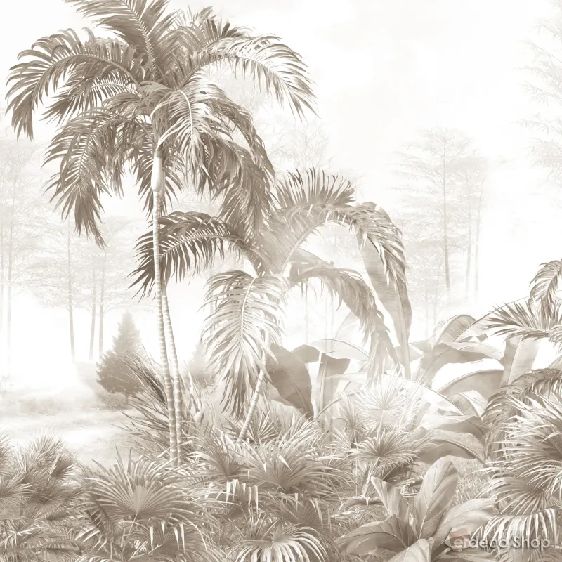 Trussardi Z30361 Palm wall panel: Misty tropical palm trees pattern, beige tones.