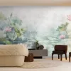 Trussardi Z30369 Tapeten Paneel: Helle Seerosen und Blätter in einer Aquarell-Wasserlandschaft.